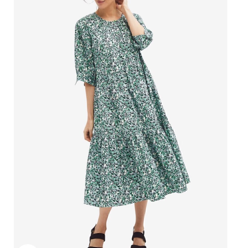 Ellos ivory green ditsy floral tiered cotton midi dress size 14/16